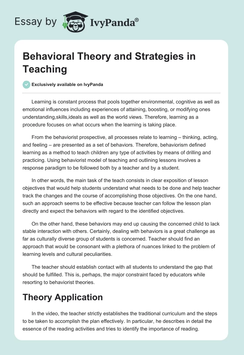 Behavioral Theory and Strategies in Teaching. Page 1