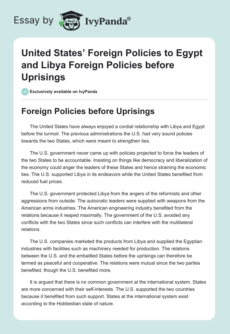 United States’ Foreign Policies to Egypt and Libya Foreign Policies before Uprisings. Page 1