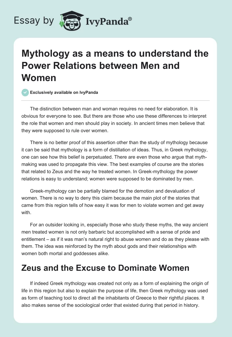 Mythology as a means to understand the Power Relations between Men and Women. Page 1