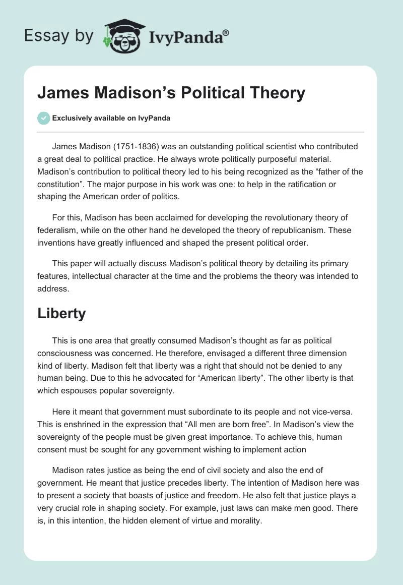 James Madison’s Political Theory. Page 1