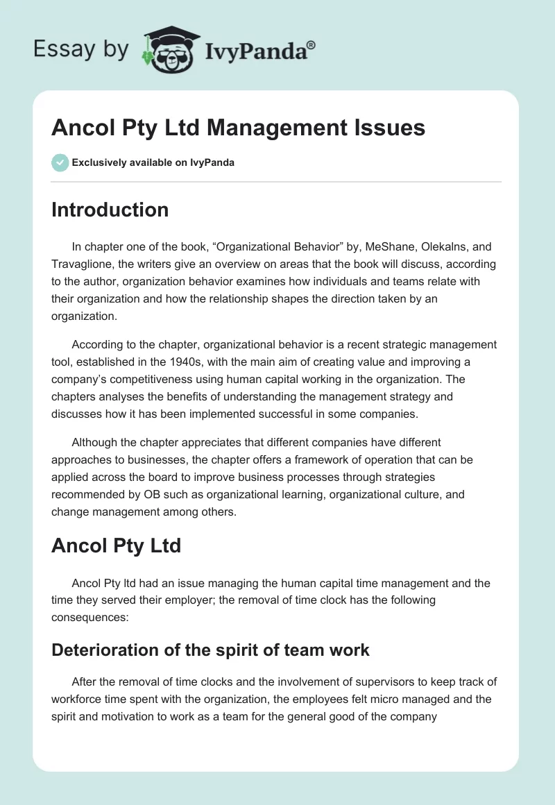 Ancol Pty Ltd Management Issues. Page 1