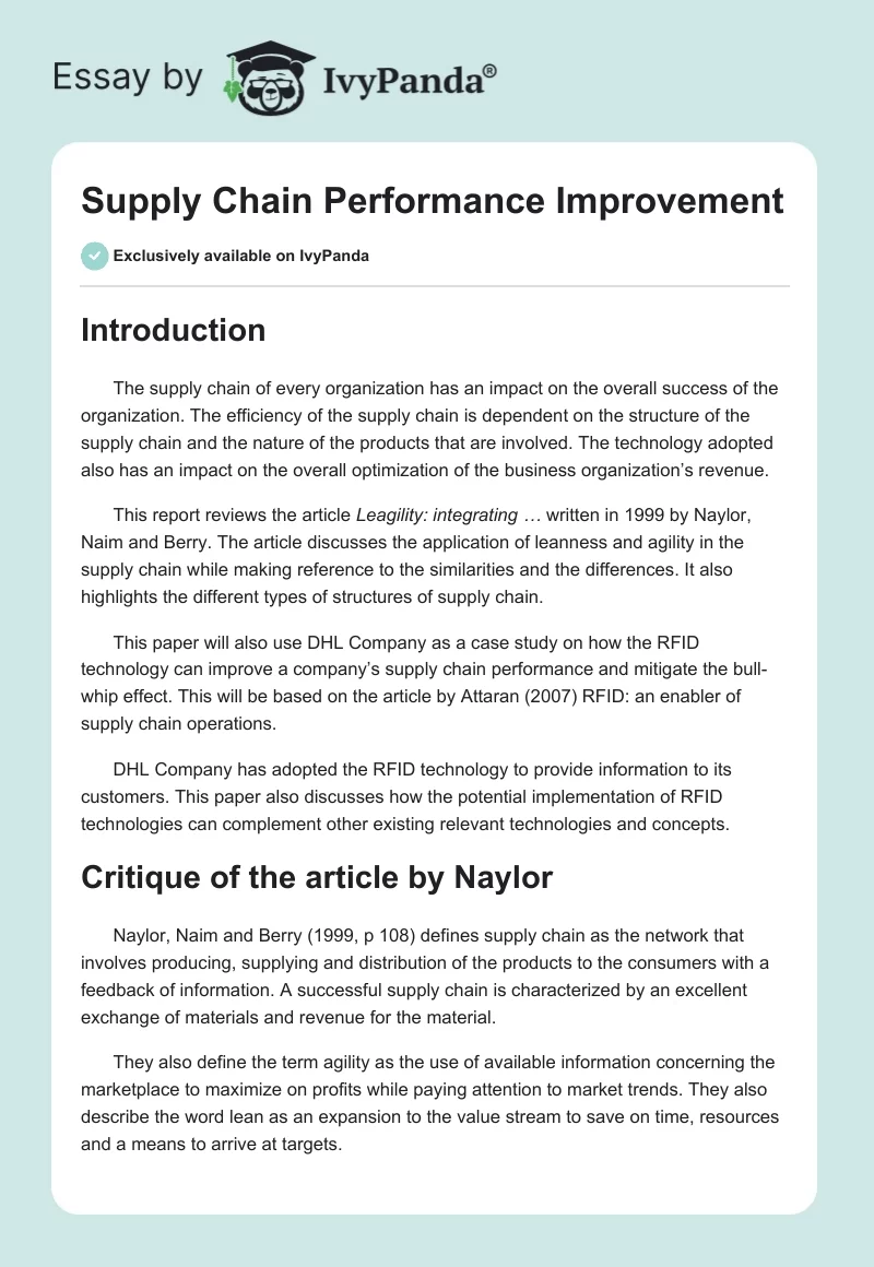 Supply Chain Performance Improvement. Page 1