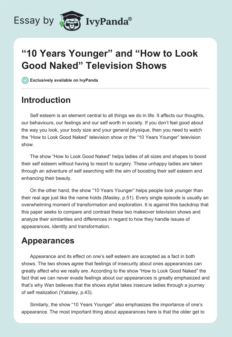 “10 Years Younger” and “How to Look Good Naked” Television Shows. Page 1