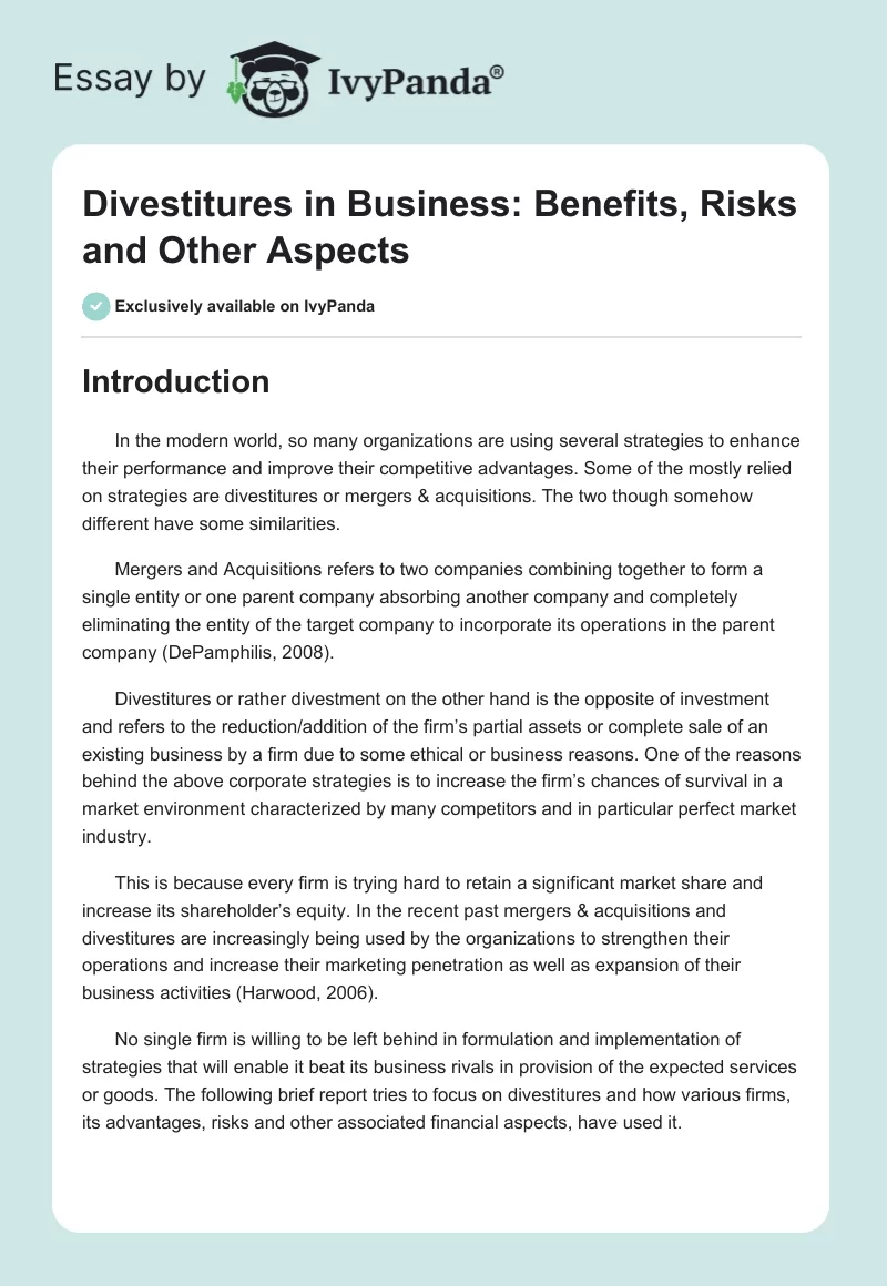 Divestitures in Business: Benefits, Risks and Other Aspects. Page 1