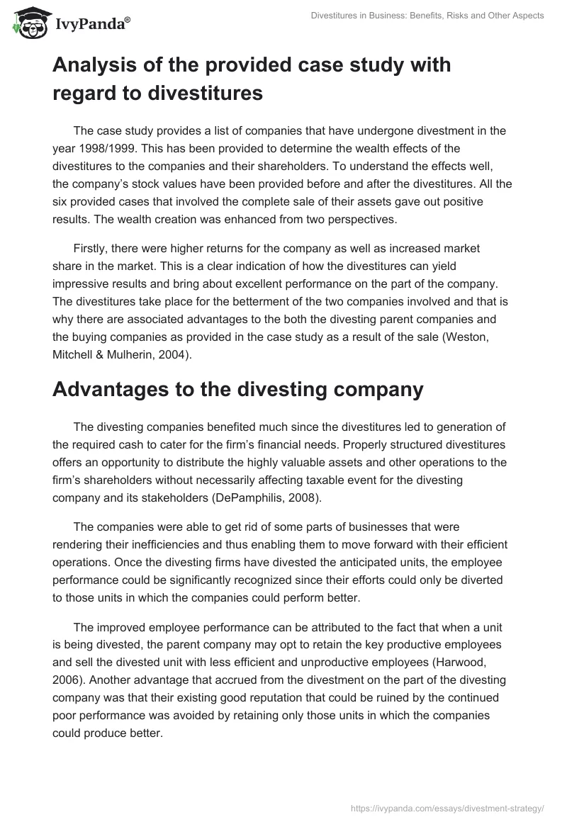 Divestitures in Business: Benefits, Risks and Other Aspects. Page 5