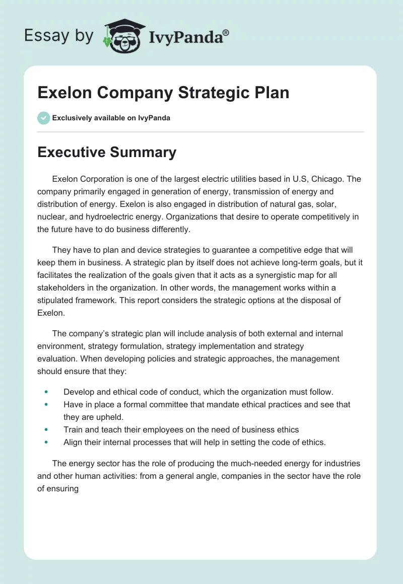 Exelon Company Strategic Plan. Page 1
