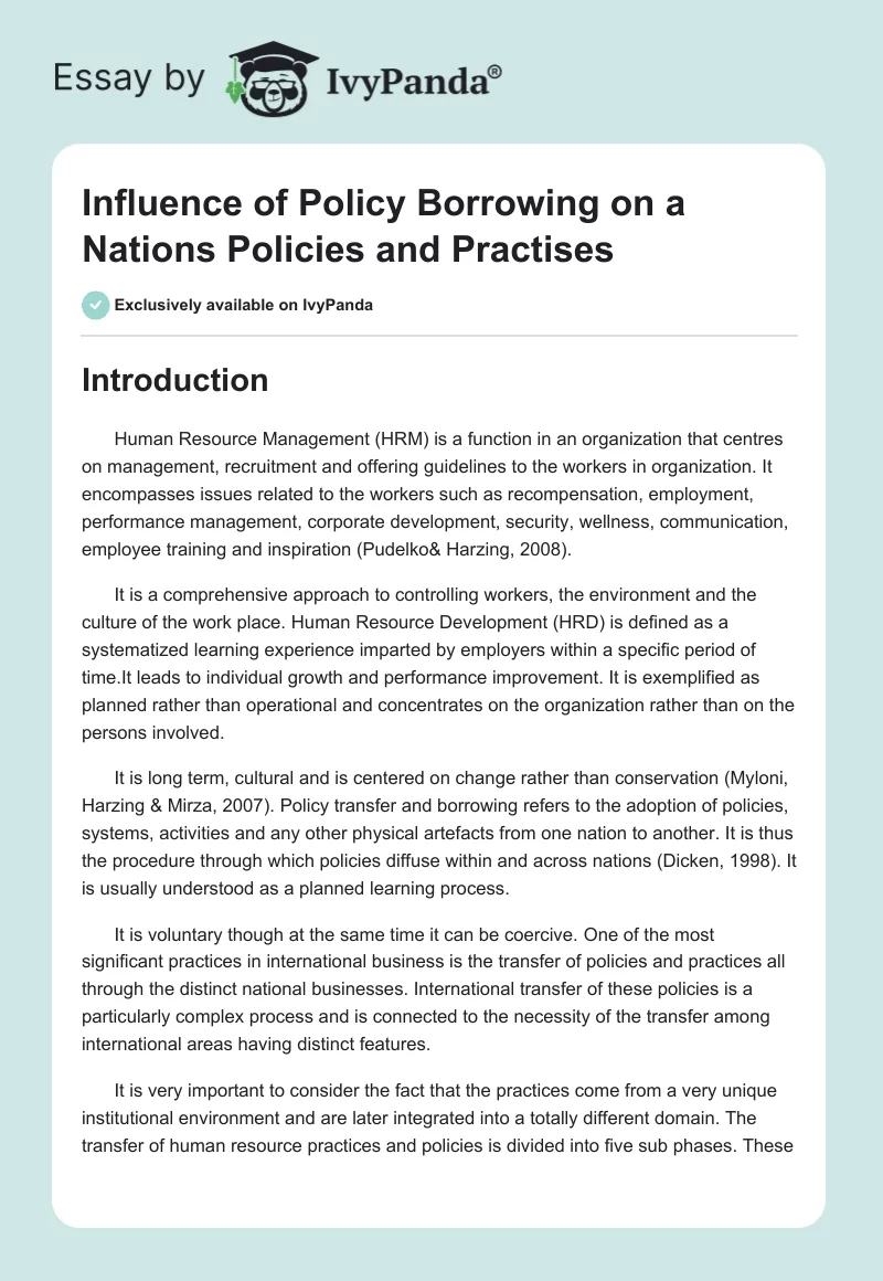 Influence of Policy Borrowing on a Nations Policies and Practises. Page 1