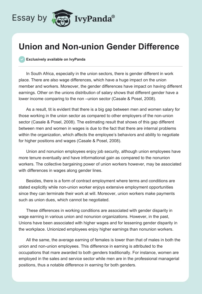 Union and Non-union Gender Difference. Page 1