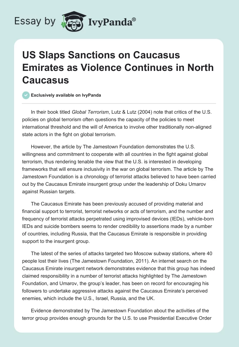 "US Slaps Sanctions on Caucasus Emirates as Violence Continues in North Caucasus". Page 1