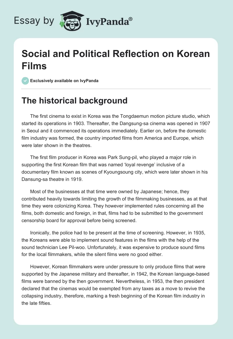 Social and Political Reflection on Korean Films. Page 1