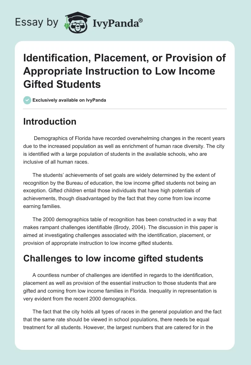 Identification, Placement, or Provision of Appropriate Instruction to Low Income Gifted Students. Page 1