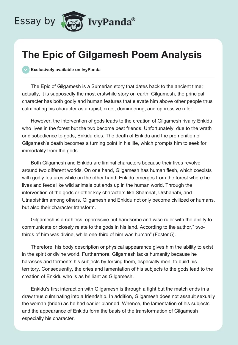 The Epic of Gilgamesh Poem Analysis. Page 1