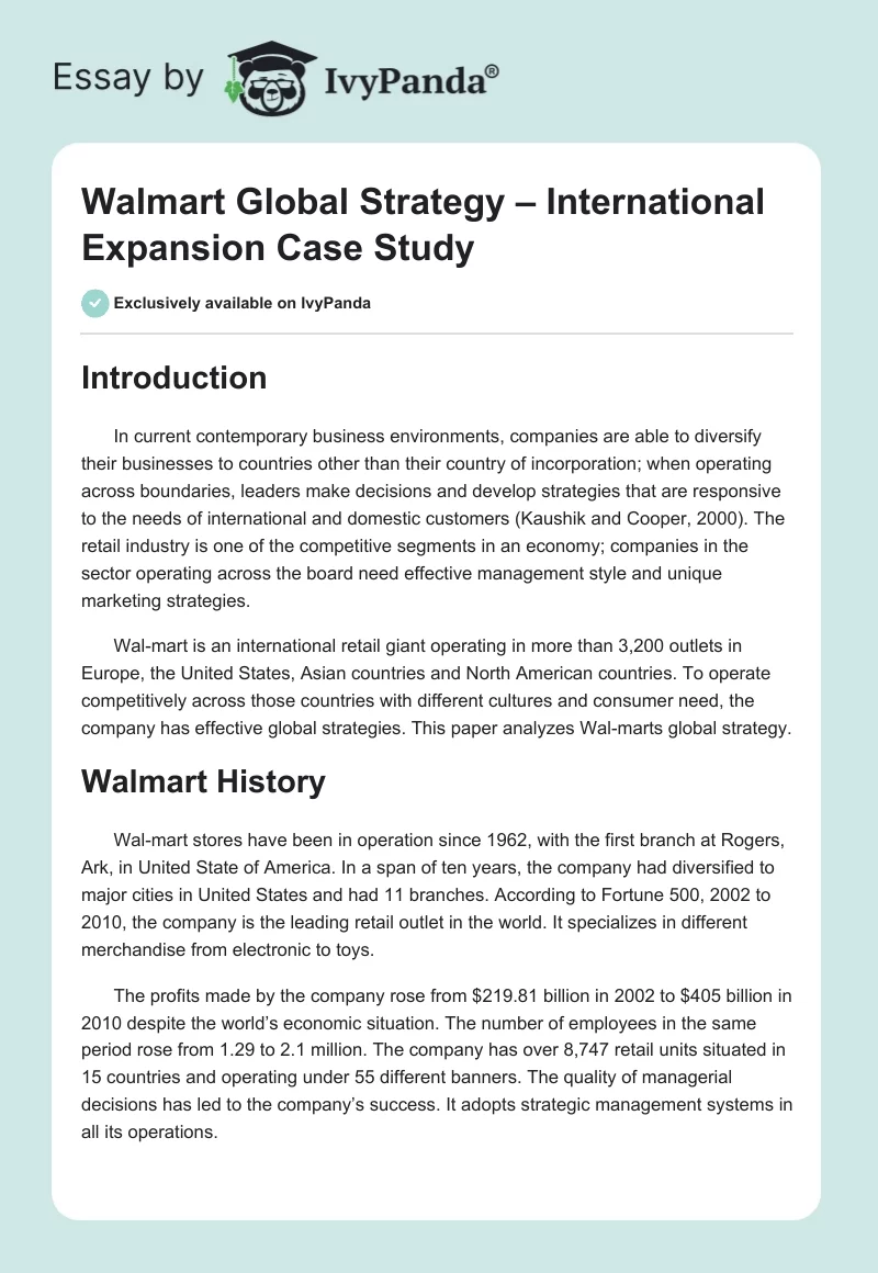 Walmart Global Strategy – International Expansion Case Study. Page 1