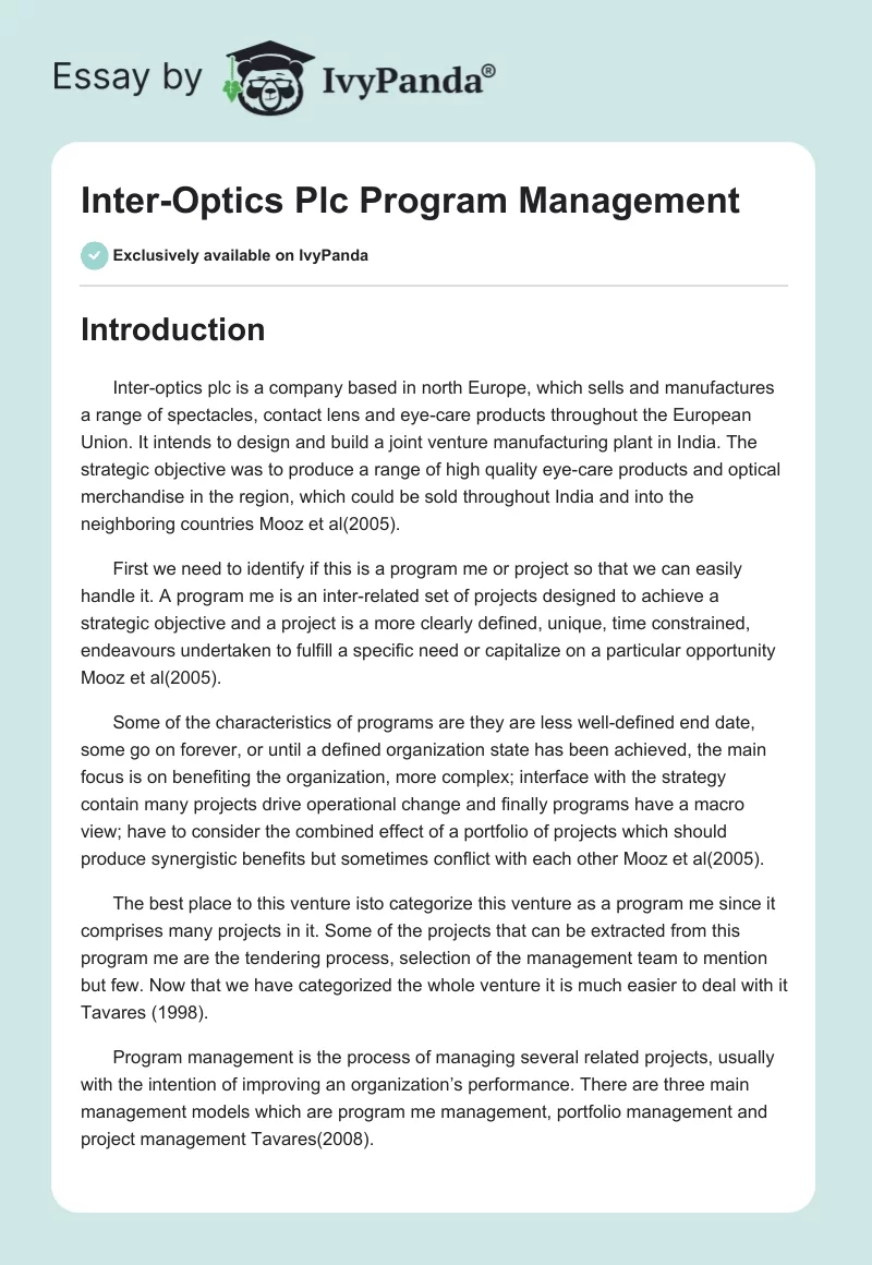 Inter-Optics Plc Program Management. Page 1