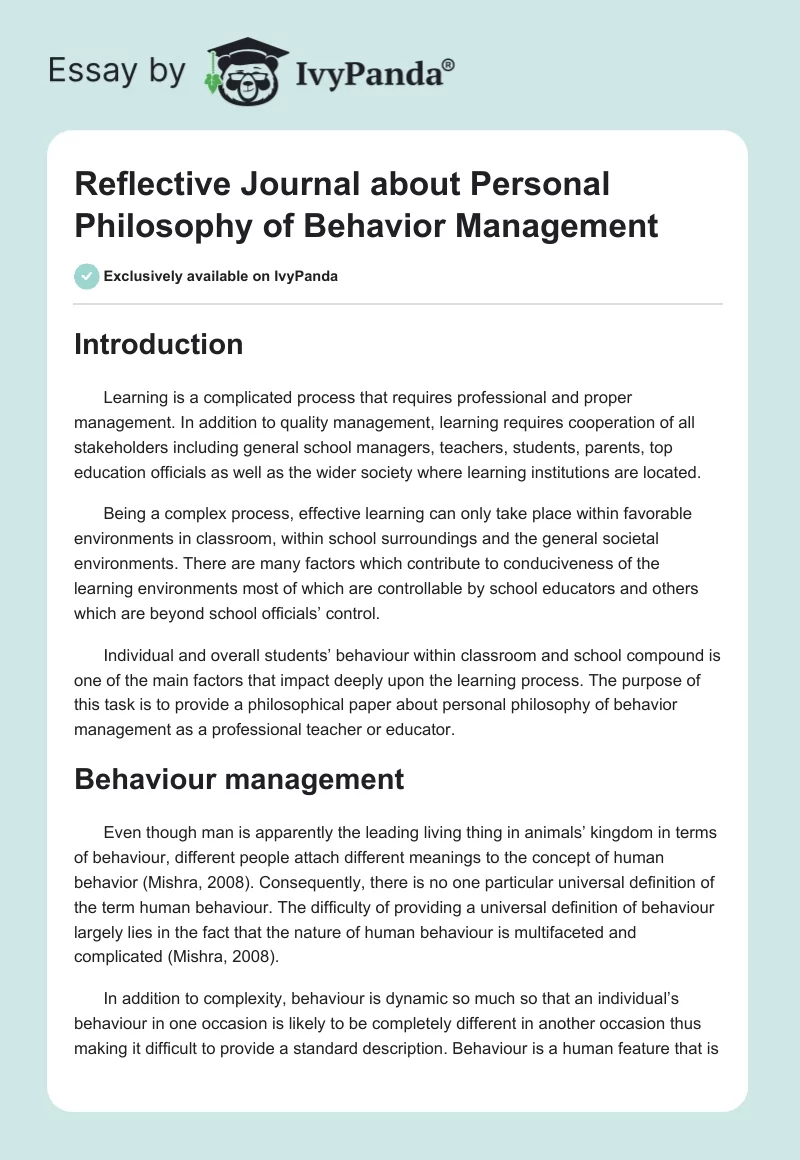 Reflective Journal about Personal Philosophy of Behavior Management. Page 1