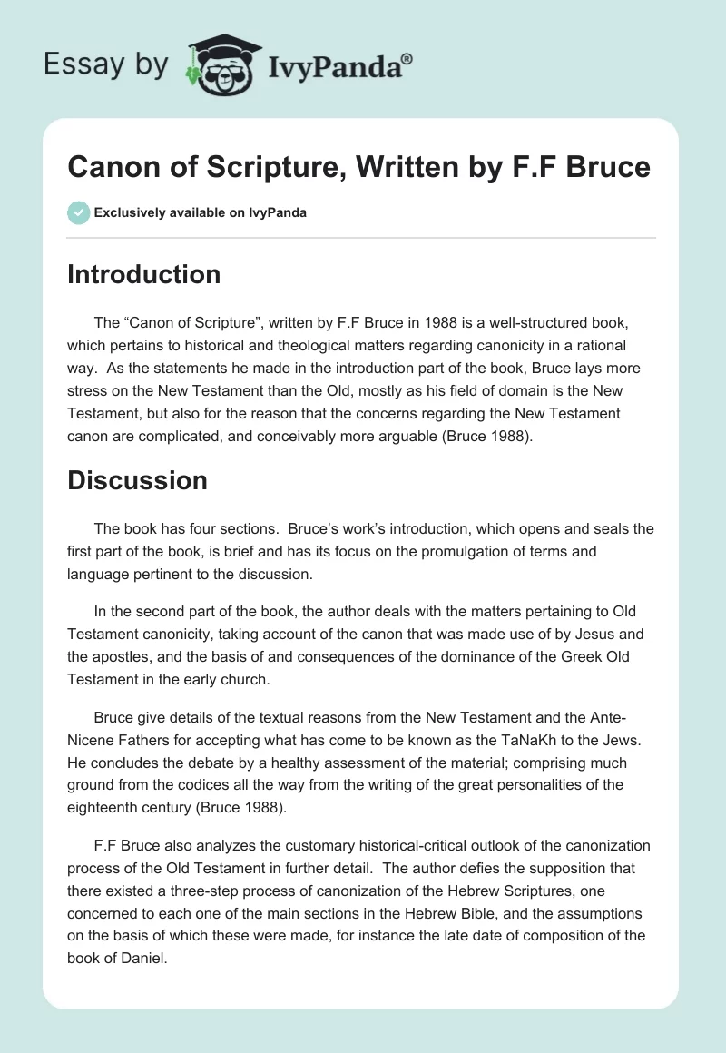 "Canon of Scripture", Written by F.F Bruce. Page 1