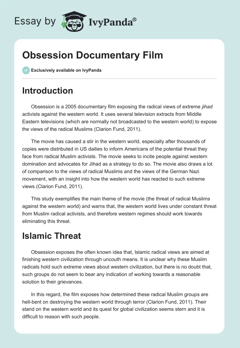 "Obsession" Documentary Film. Page 1