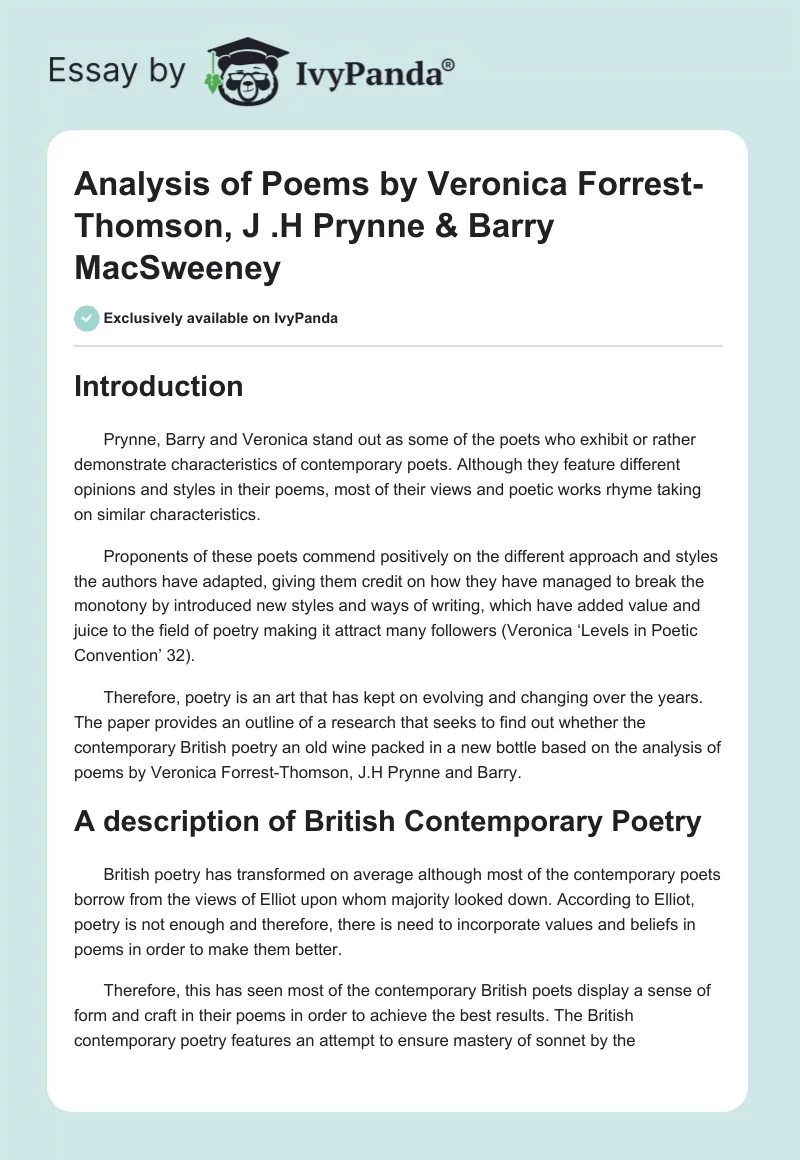 Analysis of Poems by Veronica Forrest-Thomson, J .H Prynne & Barry MacSweeney. Page 1