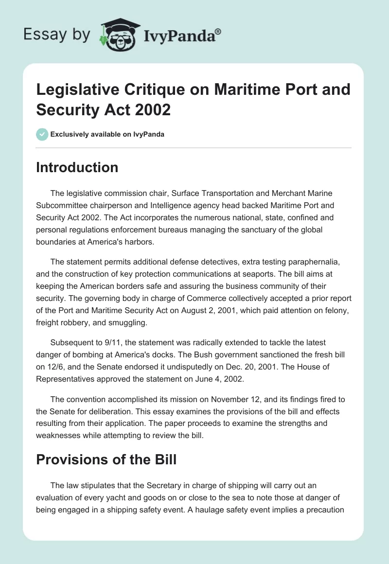 Legislative Critique on Maritime Port and Security Act 2002. Page 1