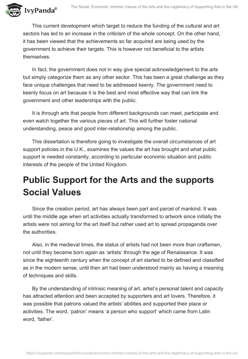 The Social, Economic, Intrinsic Values of the Arts and the Legitimacy of Supporting Arts in the UK. Page 2