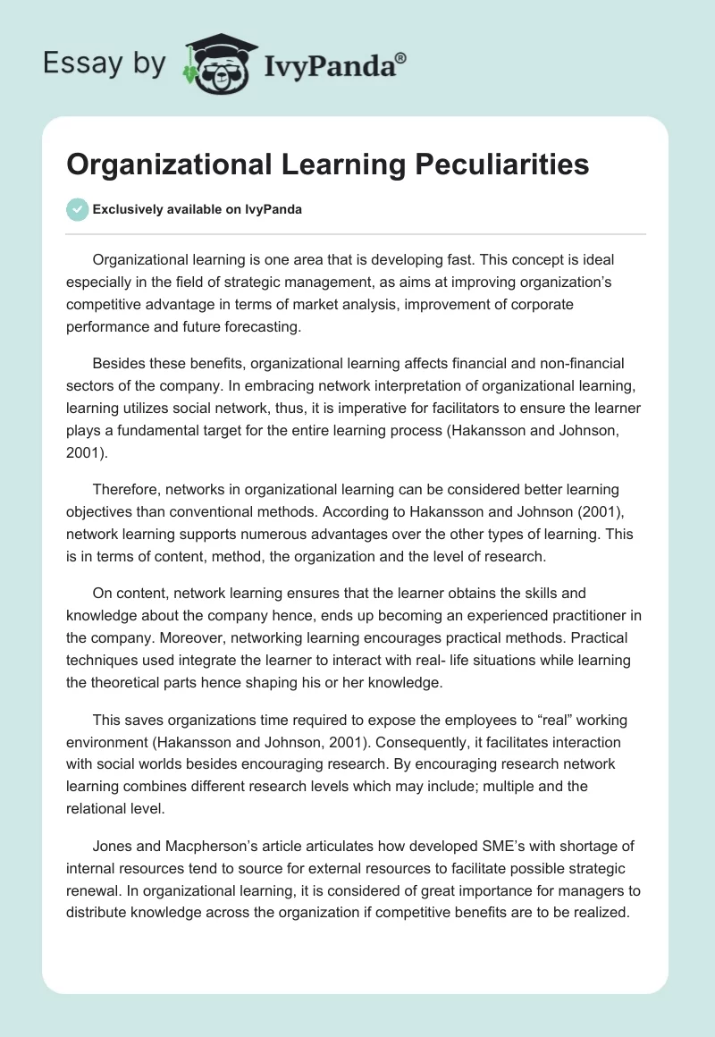 Organizational Learning Peculiarities. Page 1