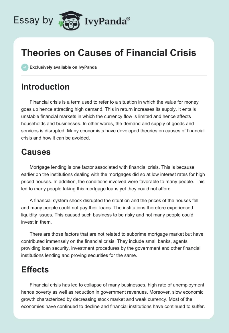 Theories on Causes of Financial Crisis. Page 1