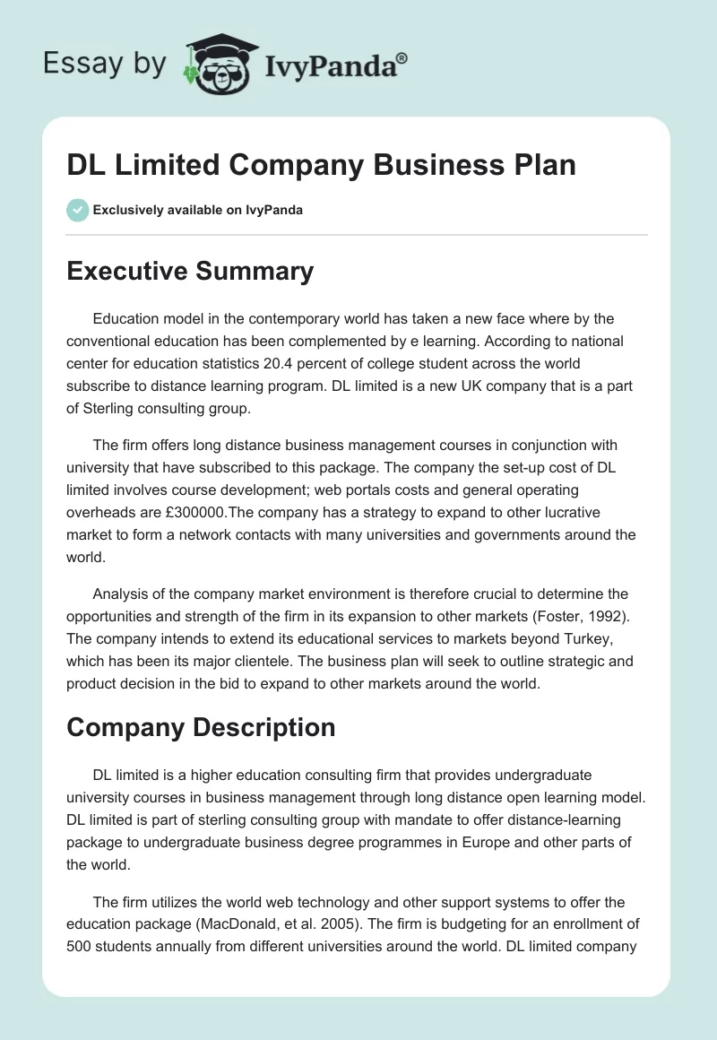 DL Limited Company Business Plan. Page 1