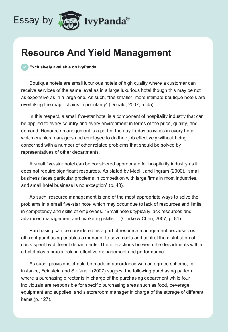 Resource And Yield Management. Page 1