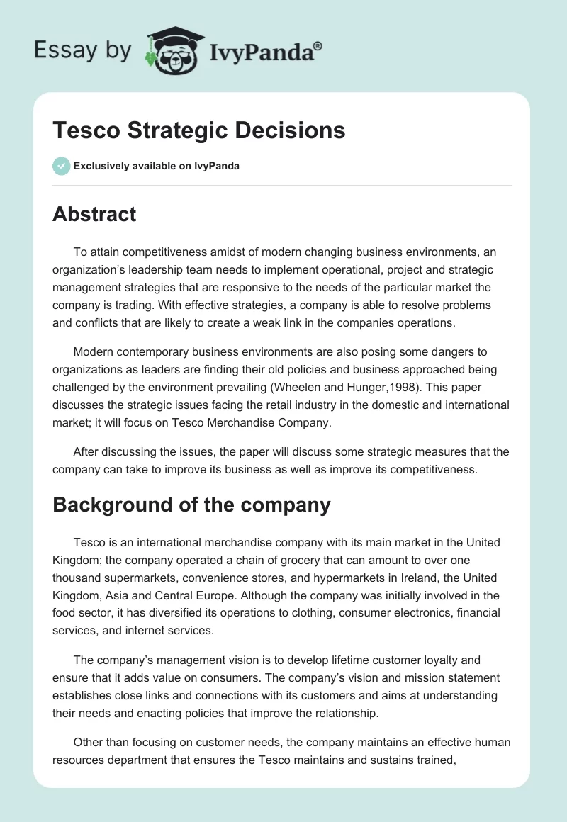 Tesco Strategic Decisions. Page 1