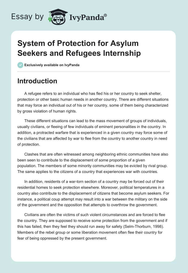 System of Protection for Asylum Seekers and Refugees Internship. Page 1
