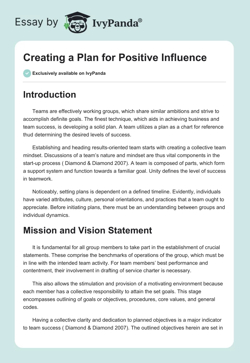 Creating a Plan for Positive Influence. Page 1