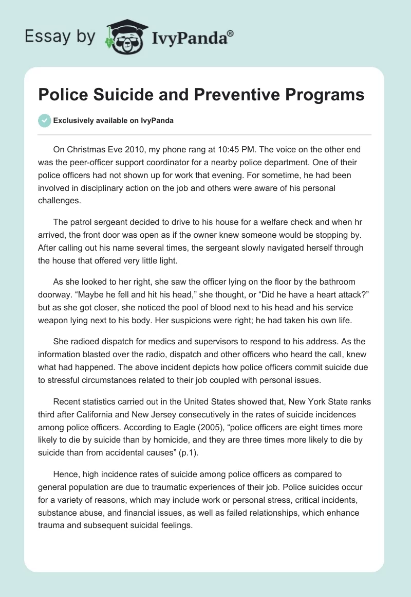 Police Suicide and Preventive Programs. Page 1