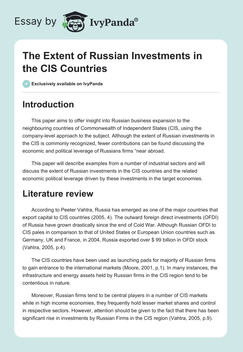 The Extent of Russian Investments in the CIS Countries. Page 1