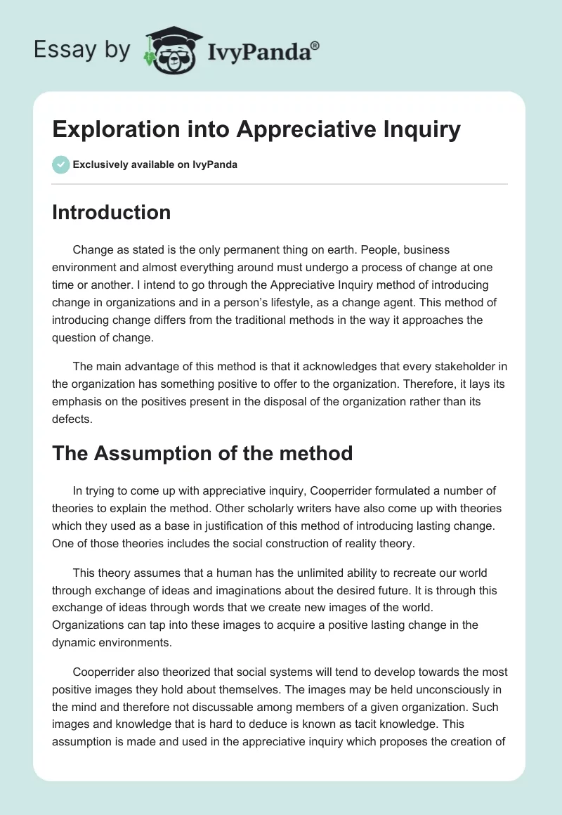 Exploration into Appreciative Inquiry. Page 1
