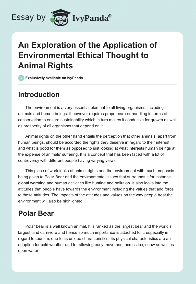 An Exploration of the Application of Environmental Ethical Thought to Animal Rights. Page 1