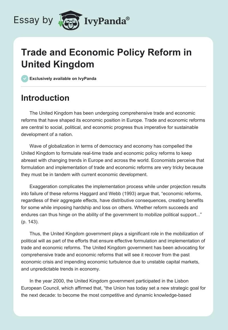 Trade and Economic Policy Reform in United Kingdom. Page 1