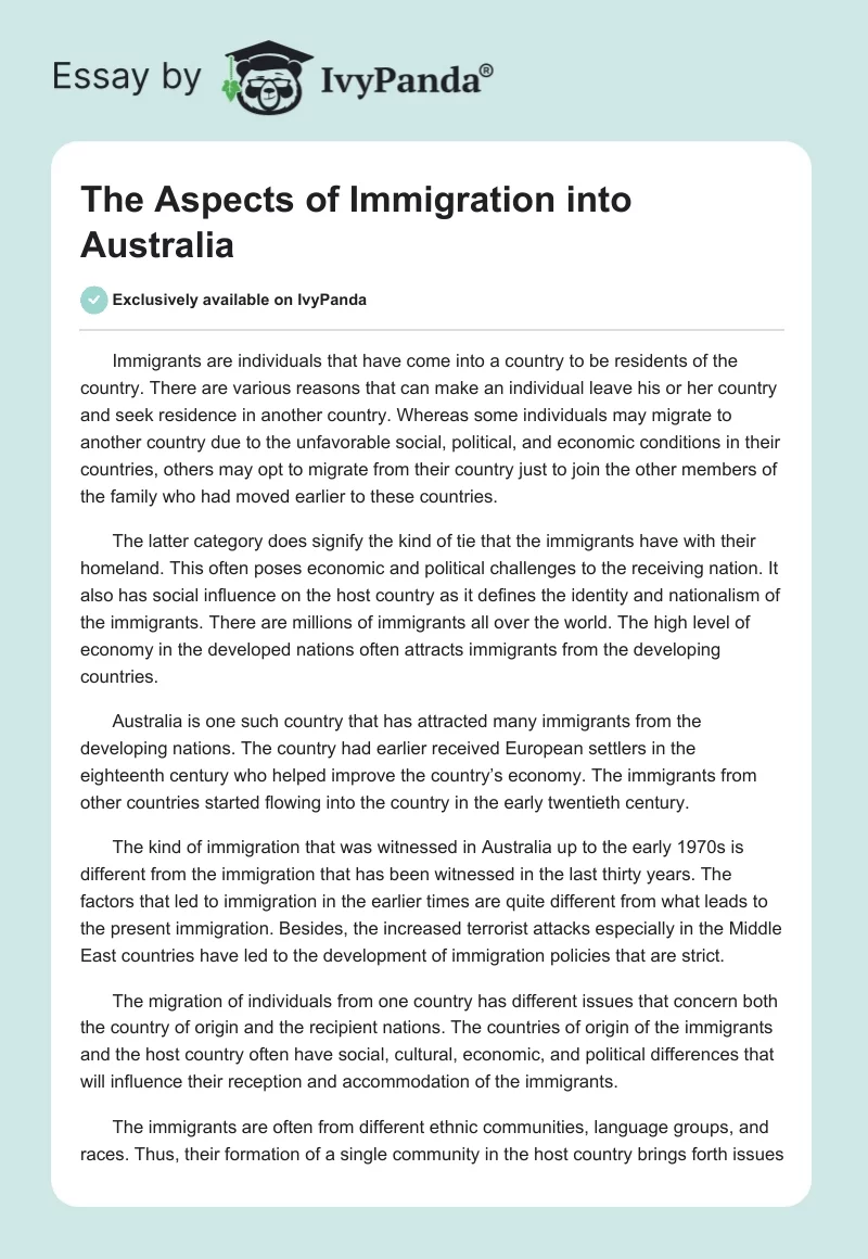 The Aspects of Immigration into Australia. Page 1