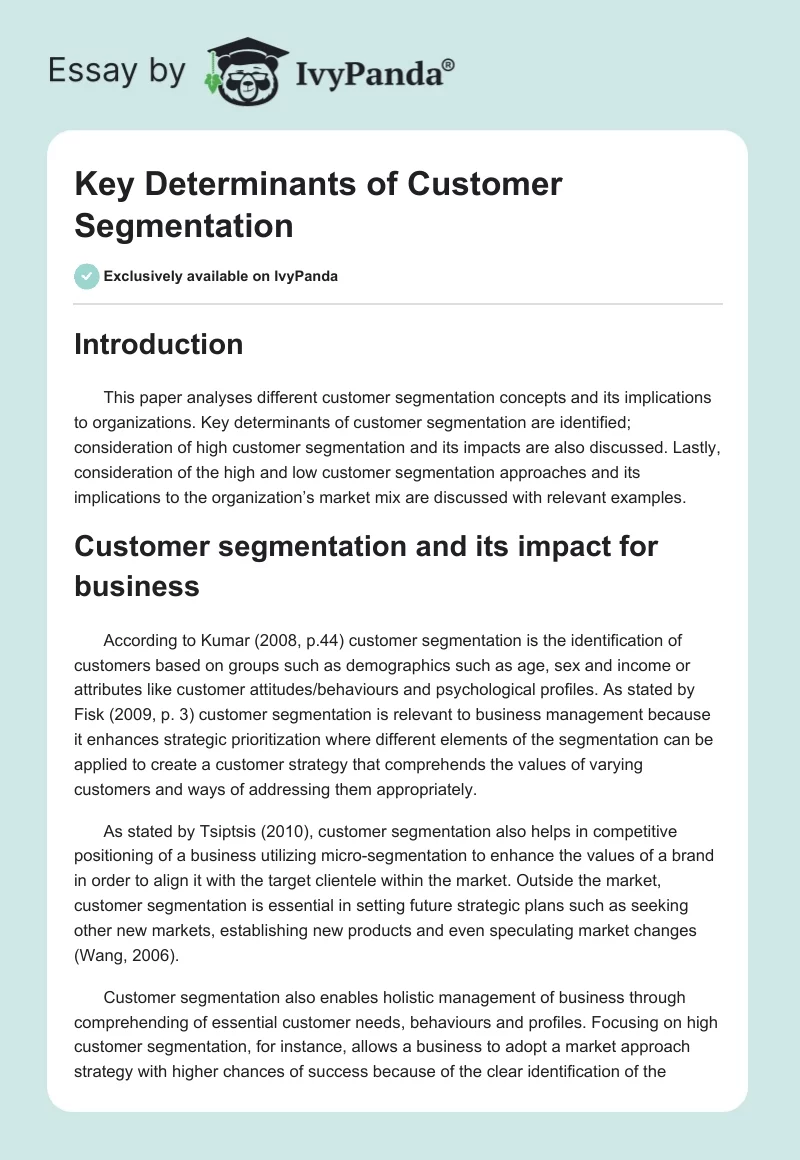 Key Determinants of Customer Segmentation. Page 1