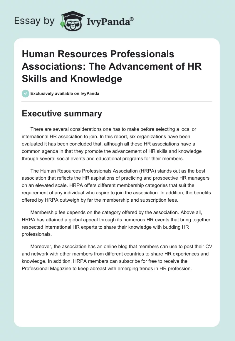 Human Resources Professionals Associations: The Advancement of HR Skills and Knowledge. Page 1