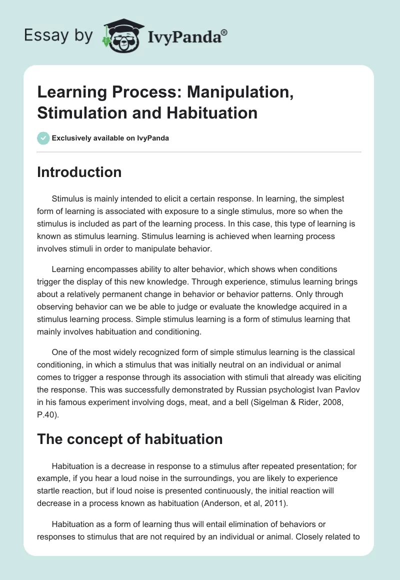 Learning Process: Manipulation, Stimulation and Habituation. Page 1