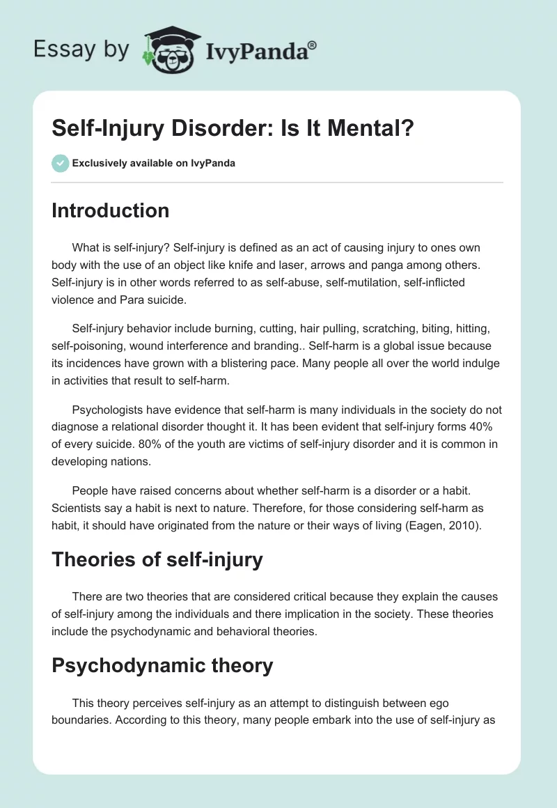 Self-Injury Disorder: Is It Mental?. Page 1
