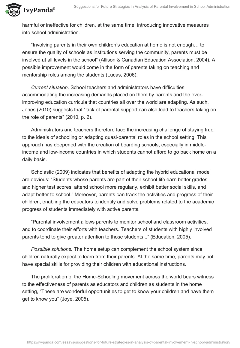 Suggestions for Future Strategies in Analysis of Parental Involvement in School Administration. Page 3