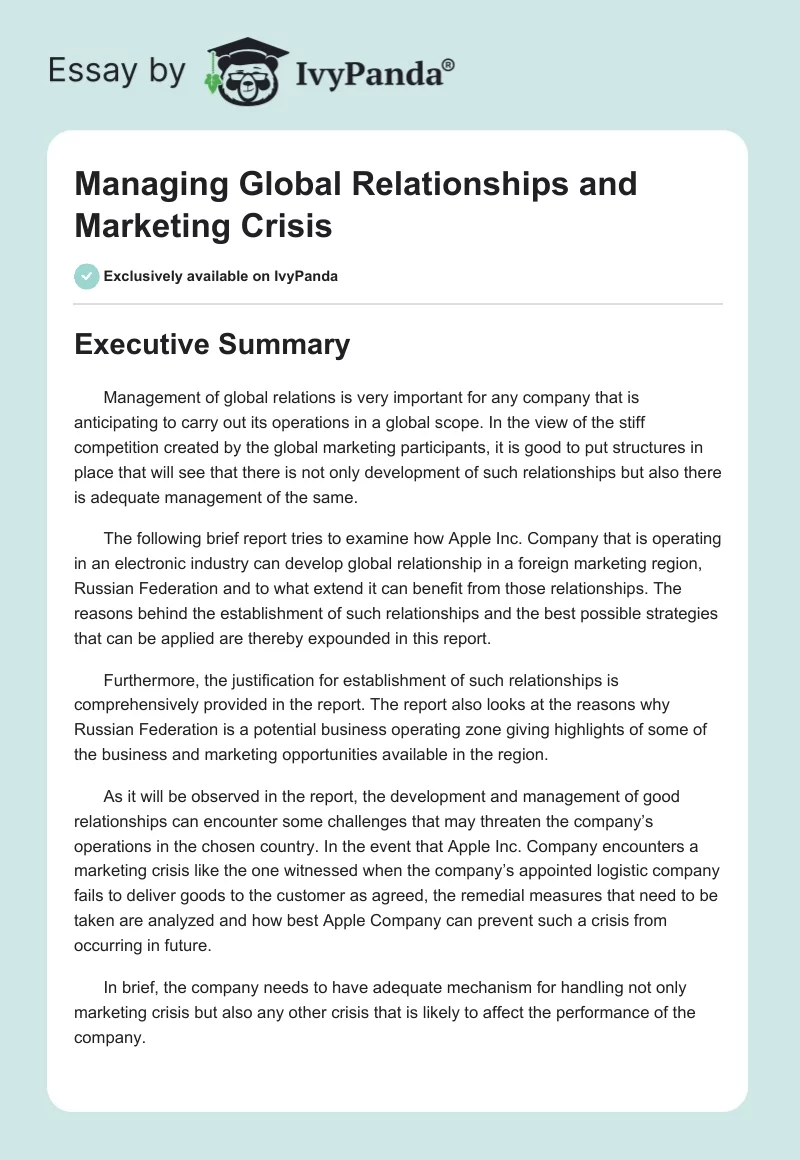 Managing Global Relationships and Marketing Crisis. Page 1