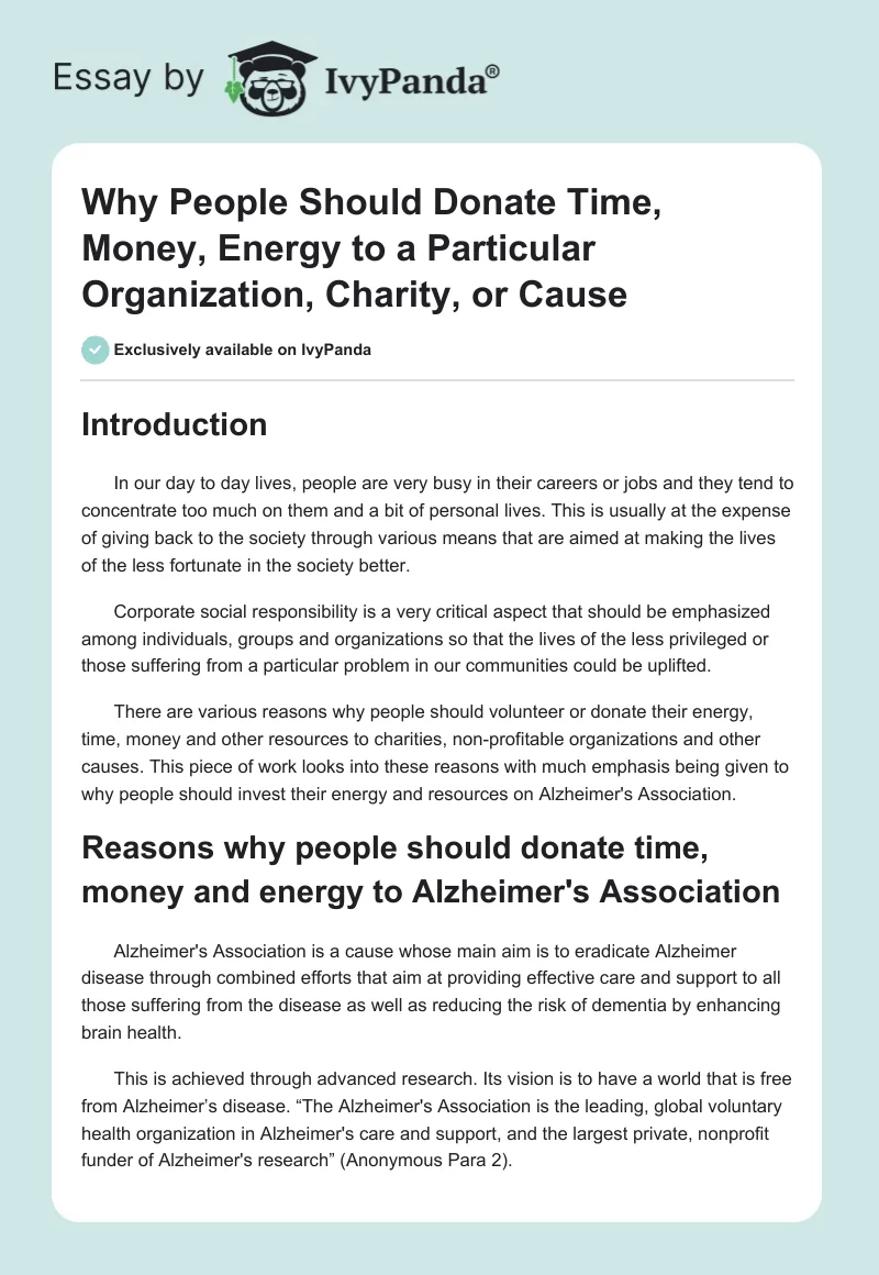 Why People Should Donate Time, Money, Energy to a Particular Organization, Charity, or Cause. Page 1