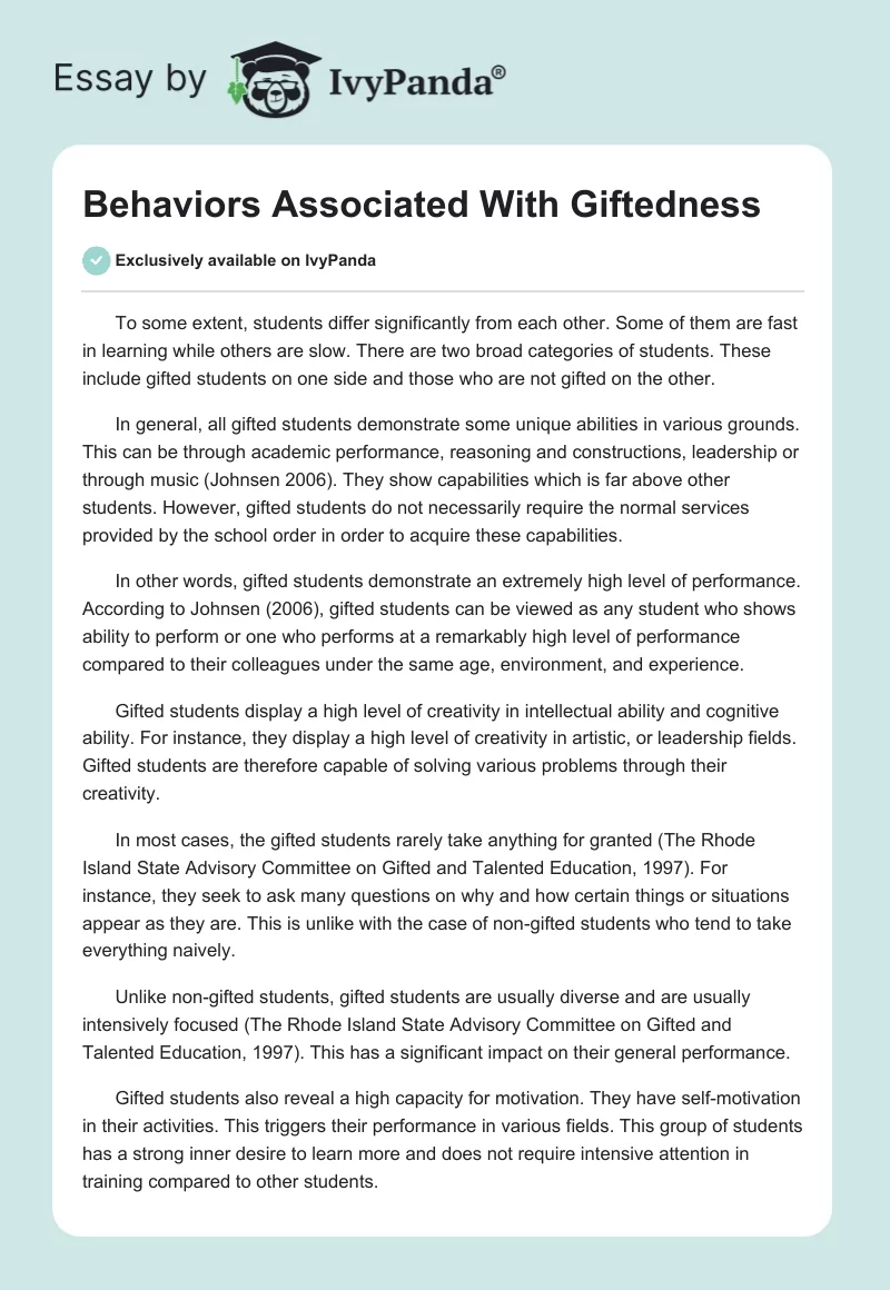 Behaviors Associated With Giftedness. Page 1