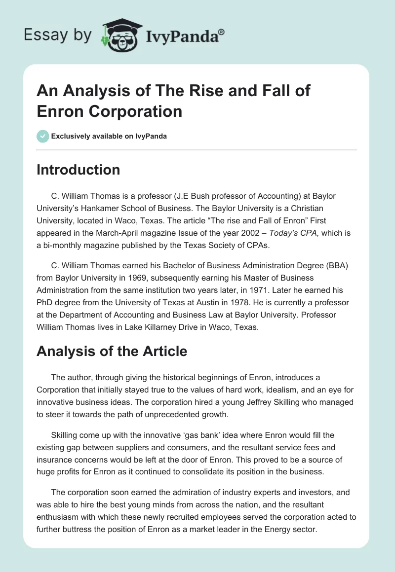 An Analysis of The Rise and Fall of Enron Corporation. Page 1