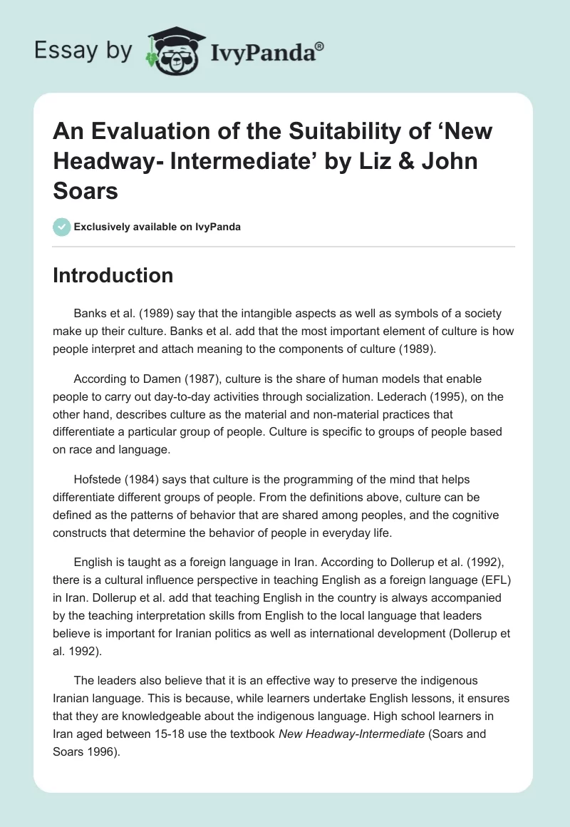 An Evaluation of the Suitability of ‘New Headway- Intermediate’ by Liz & John Soars. Page 1