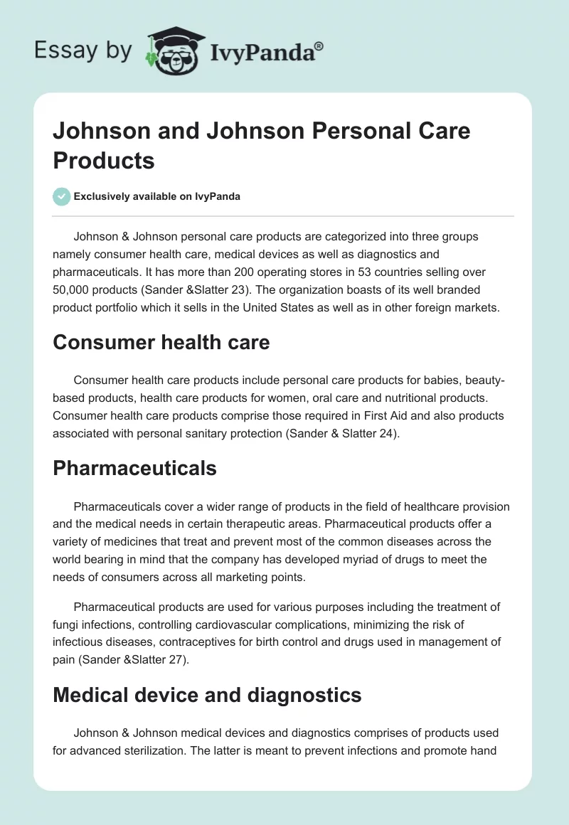 Johnson and Johnson Personal Care Products. Page 1
