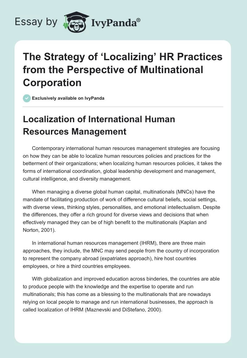 The Strategy of ‘Localizing’ HR Practices From the Perspective of Multinational Corporation. Page 1