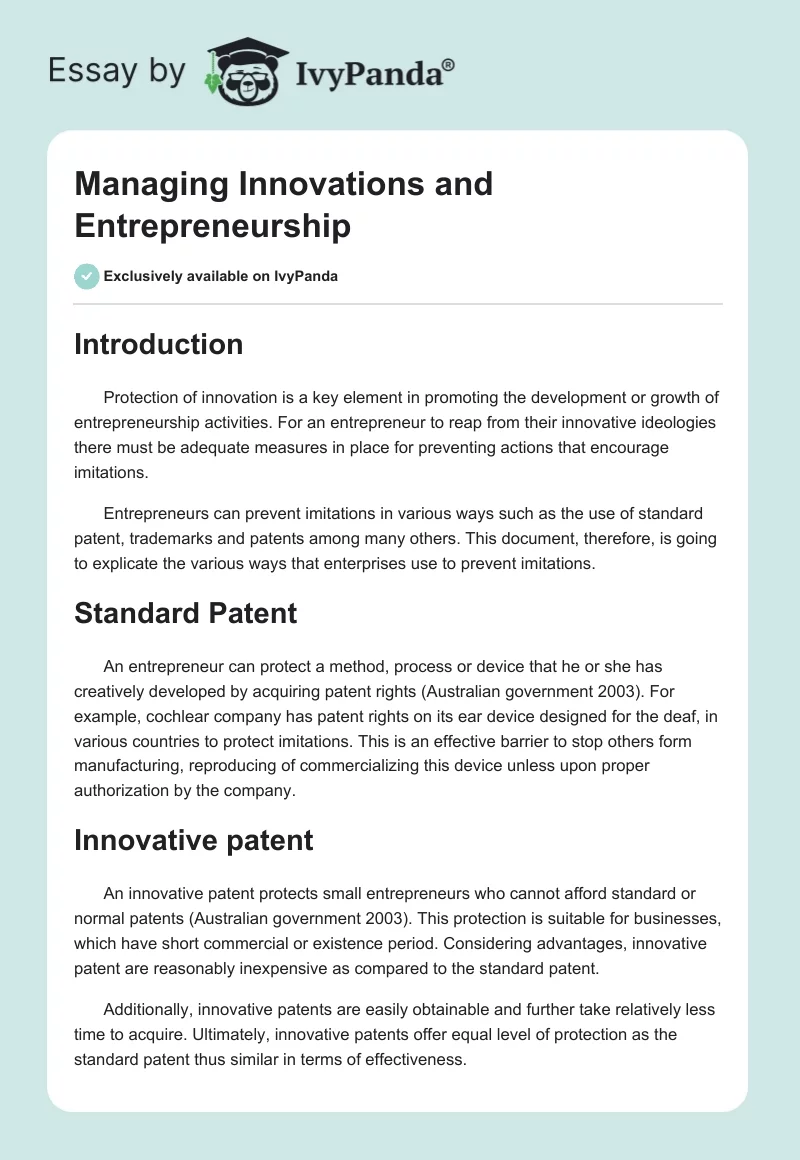Managing Innovations and Entrepreneurship. Page 1